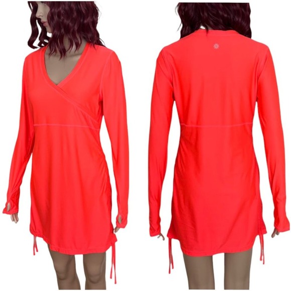 Athleta Neon Athletic Tunic Womens Small Orange Thumbholes Ruched Side - Picture 2 of 12